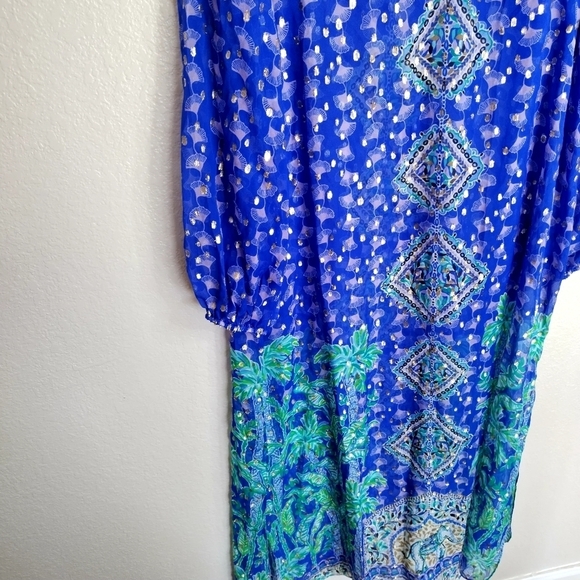 Lilly Pulitzer Jupiter Silk Maxi Caftan Blue Grotto SILK Fan Dress Sz L/Xl - Picture 4 of 9